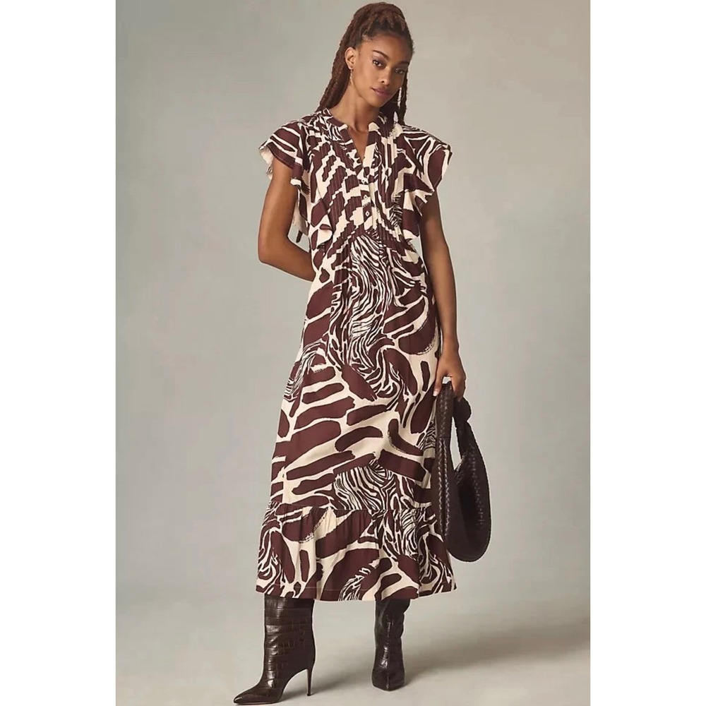 Maeve Anthropologie Brown Cream Zebra Print Maxi Dress Petite Large LP